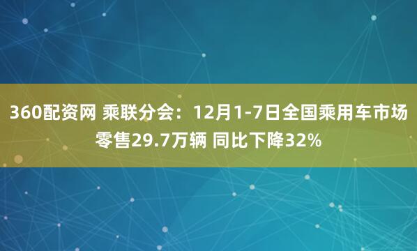 360配资网 乘联分会：12月1-7日全国乘用车市场零售29.7万辆 同比下降32%